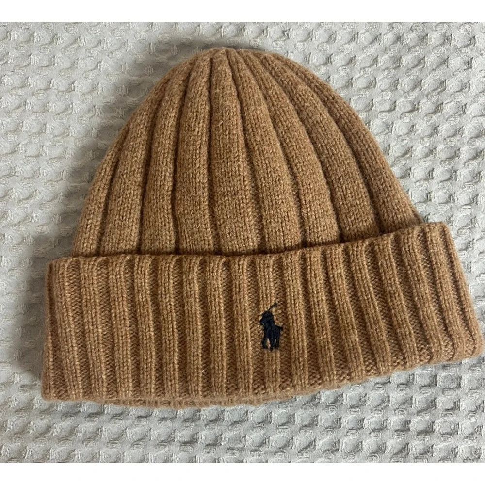 Polo Ralph Lauren Mens Ribbed Knit Beanie Camel Brown Navy Pony Logo Hat